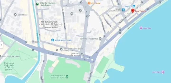 Map of Daya Cosmetics at 88 Main Street, Galle, near the cricket stadium and Galle Bay