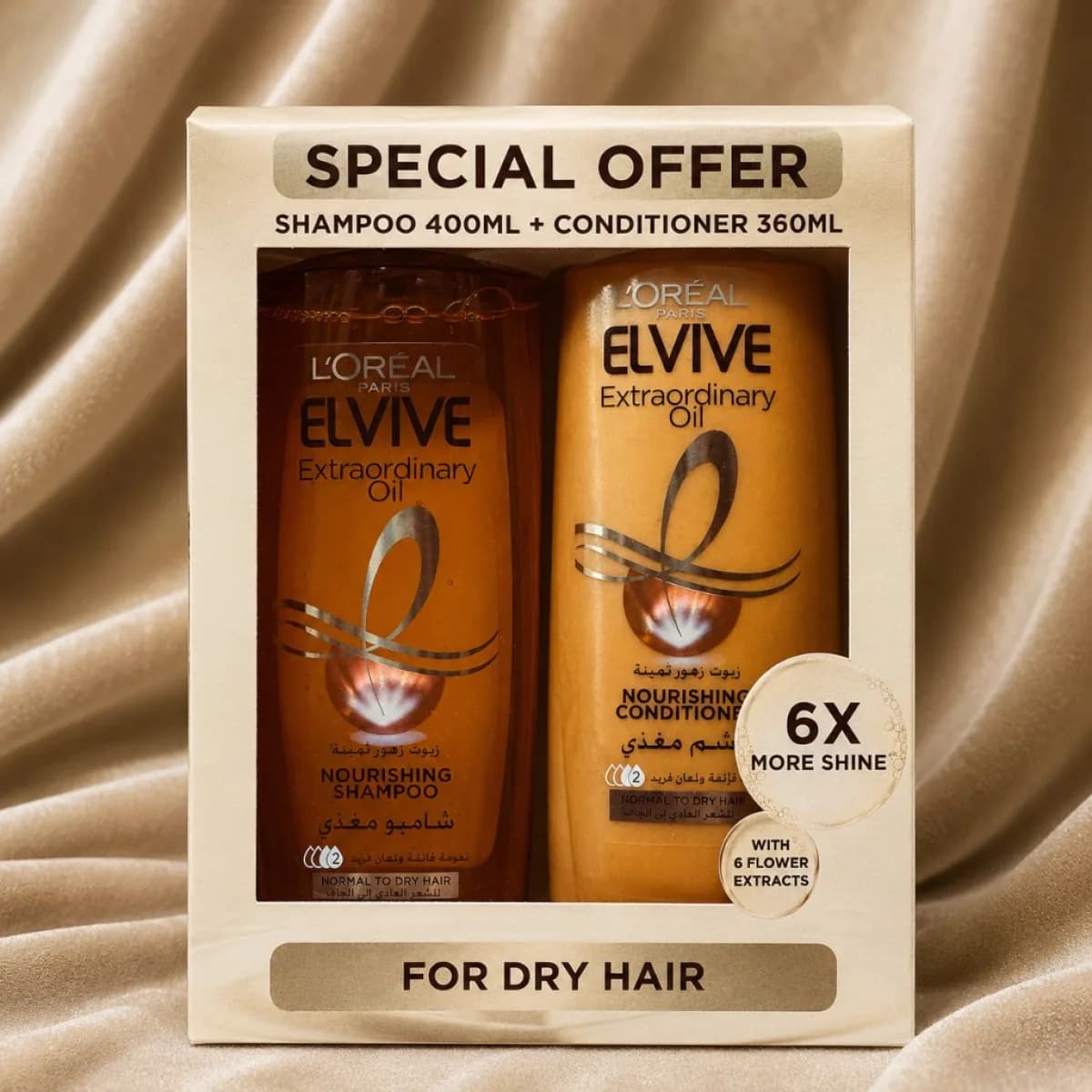 Elvive Extraordinary Oil Nourishing Shampoo + Conditioner Duo bottle